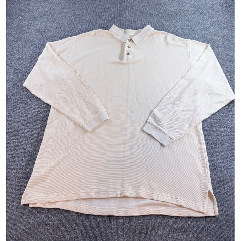 Tommy Bahama Mens XL Silk Cotton Long Sleeve Polo Shirt Ribbed Cream Cream XL